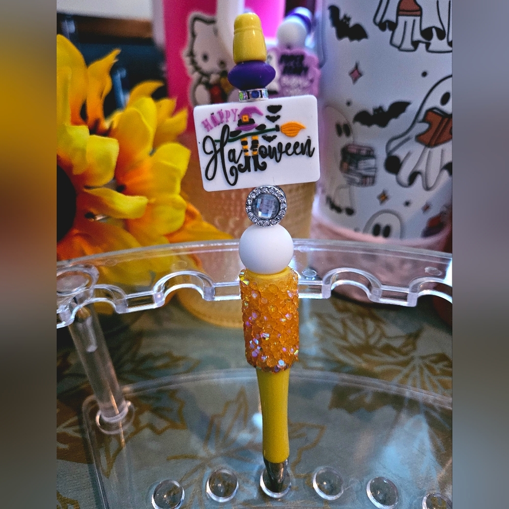 Halloween Themed Pen with Yellow and Orange Glitter